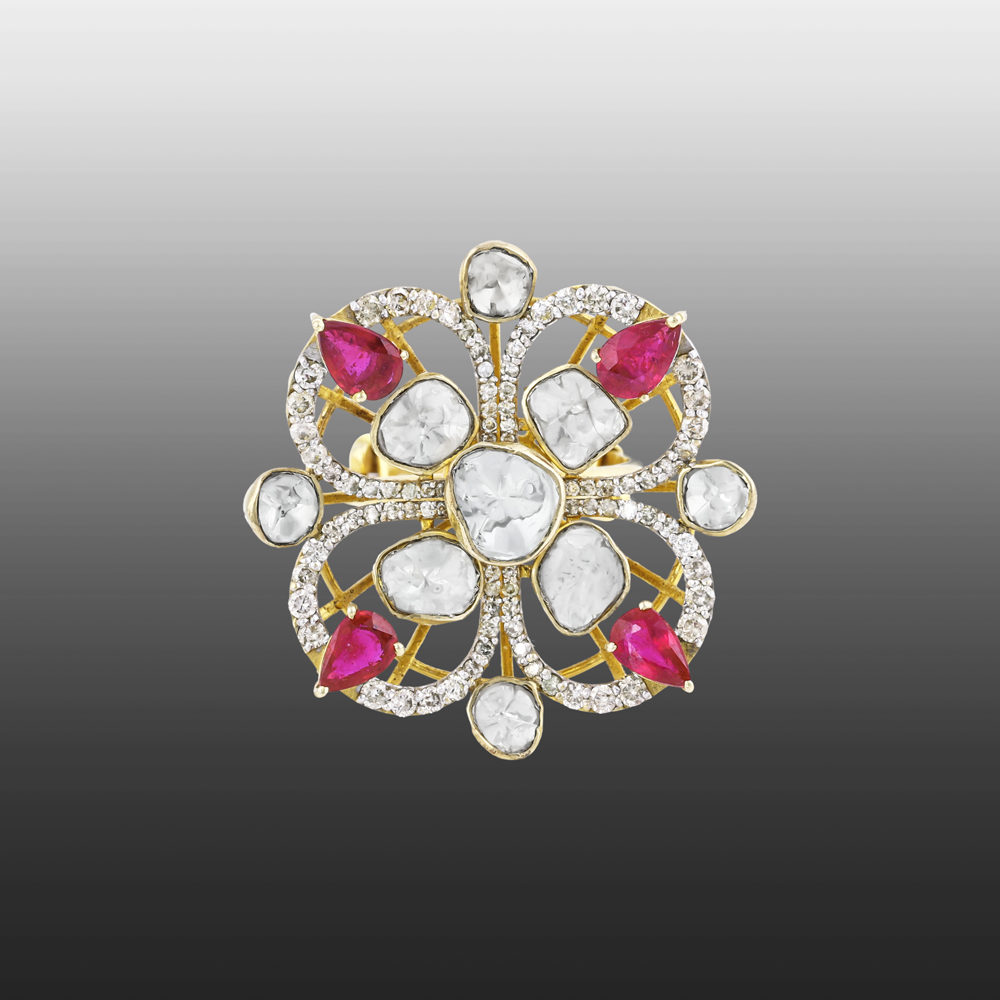 Floral Polki Ring with Pear-Shaped Red Gemstone and Diamond Halo